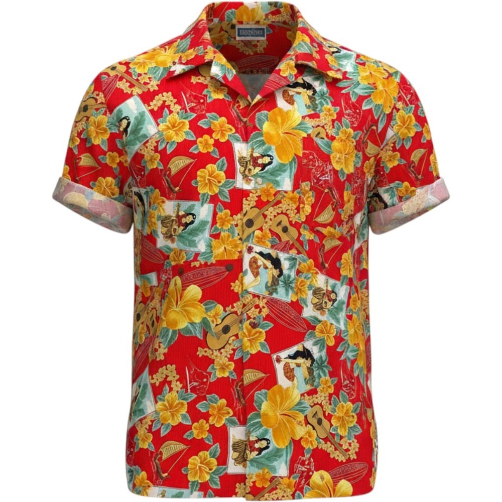Hilo‎ Hattie Hawaiian Original Shirt Mens L Red Hula Ukulele Hibiscus Cotton